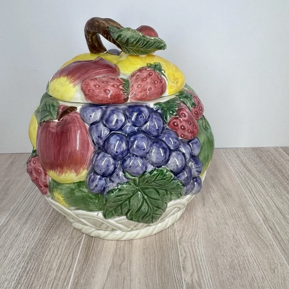 Otagiri‎ Japan Fruit Basket Cookie Jar Ceramic Apple Grape Strawberry READ